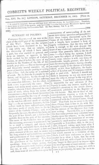 cover page of Cobbett's Weekly Political Register published on December 30, 1809