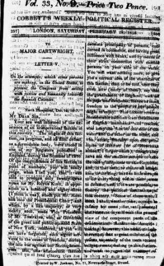 cover page of Cobbett's Weekly Political Register published on February 28, 1818