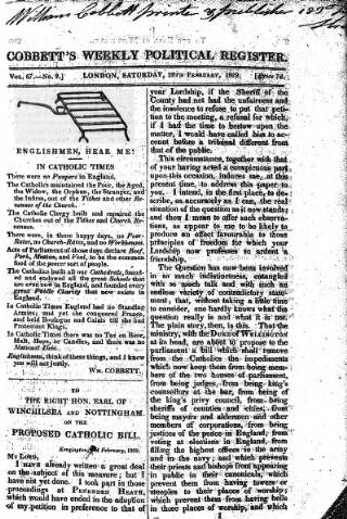 cover page of Cobbett's Weekly Political Register published on February 28, 1829