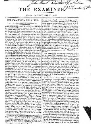 cover page of The Examiner published on November 30, 1823