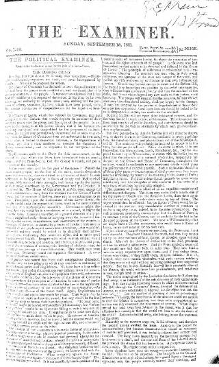 cover page of The Examiner published on September 18, 1831