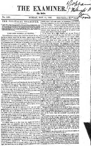 cover page of The Examiner published on November 15, 1835