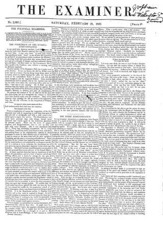 cover page of The Examiner published on February 28, 1852