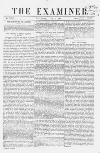 cover page of The Examiner published on July 6, 1861