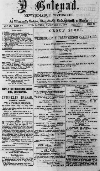 cover page of Y Goleuad published on November 30, 1878