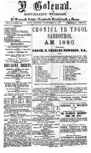 cover page of Y Goleuad published on November 15, 1879