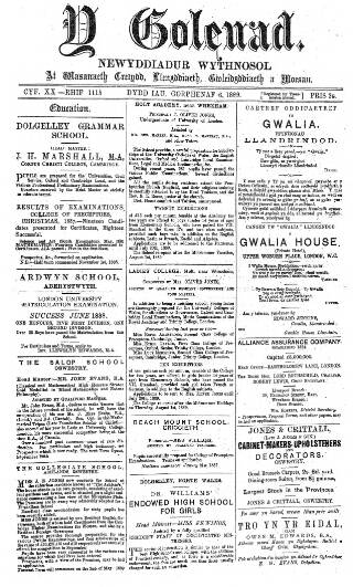 cover page of Y Goleuad published on July 6, 1889
