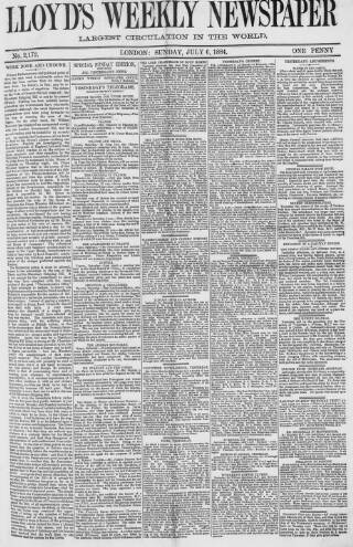 cover page of Lloyd's Weekly Newspaper published on July 6, 1884