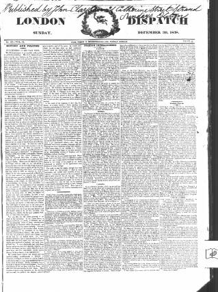 cover page of London Dispatch published on December 30, 1838