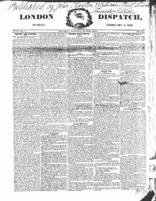 cover page of London Dispatch published on February 3, 1839