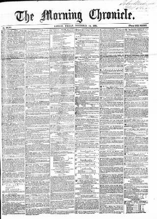 cover page of Morning Chronicle published on November 15, 1861