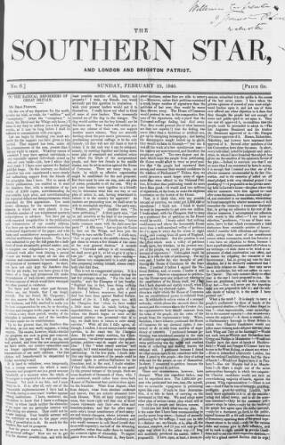 cover page of Southern Star published on February 23, 1840