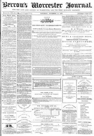 cover page of Worcester Journal published on November 15, 1873