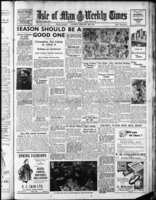 cover page of Isle of Man Times published on February 28, 1953