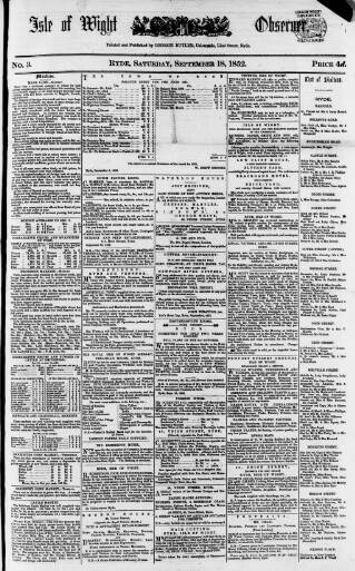 cover page of Isle of Wight Observer published on September 18, 1852