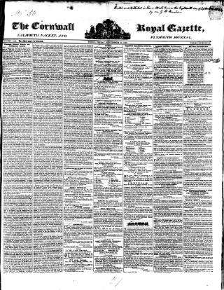 cover page of Royal Cornwall Gazette published on September 18, 1846