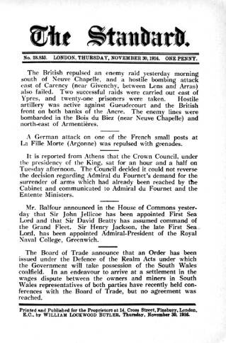 cover page of London Evening Standard published on November 30, 1916