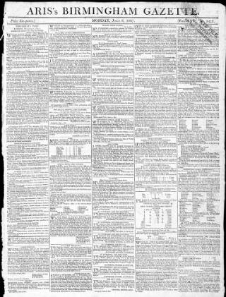 cover page of Aris's Birmingham Gazette published on July 6, 1807