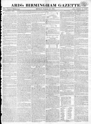 cover page of Aris's Birmingham Gazette published on February 28, 1814