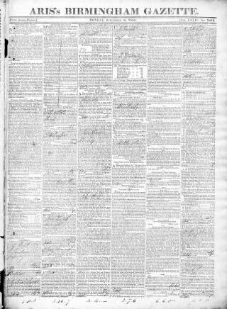 cover page of Aris's Birmingham Gazette published on September 18, 1815