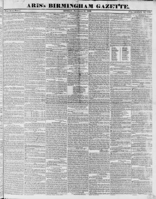 cover page of Aris's Birmingham Gazette published on November 15, 1830