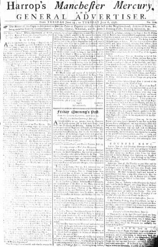cover page of Manchester Mercury published on July 6, 1756
