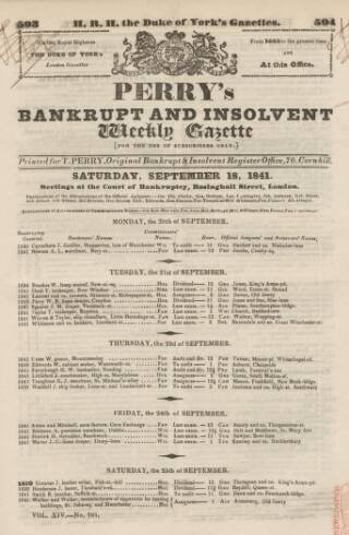 cover page of Perry's Bankrupt Gazette published on September 18, 1841