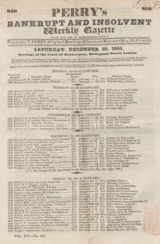 cover page of Perry's Bankrupt Gazette published on December 30, 1843