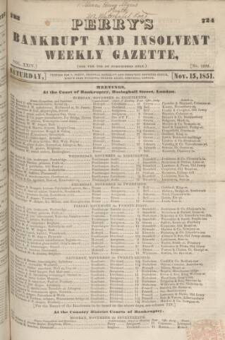 cover page of Perry's Bankrupt Gazette published on November 15, 1851