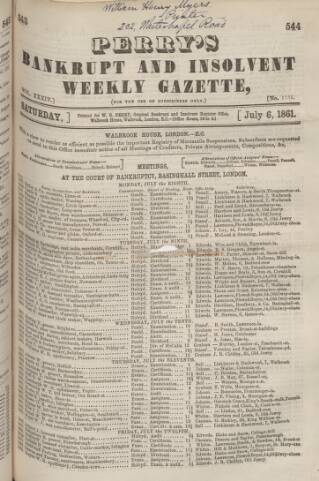 cover page of Perry's Bankrupt Gazette published on July 6, 1861