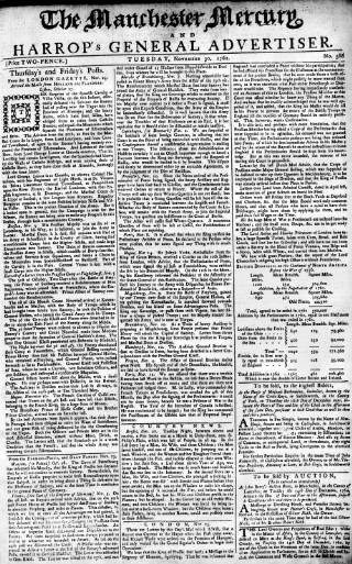 cover page of Manchester Mercury published on November 30, 1762