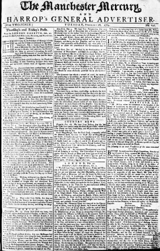 cover page of Manchester Mercury published on February 28, 1764
