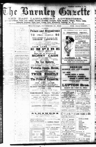 cover page of Burnley Gazette published on September 18, 1912