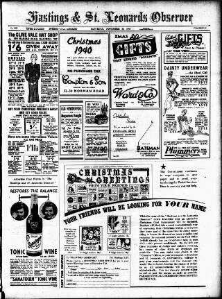 cover page of Hastings and St Leonards Observer published on November 30, 1940