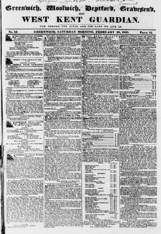 cover page of West Kent Guardian published on February 28, 1835