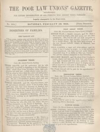 cover page of Poor Law Unions' Gazette published on February 28, 1863