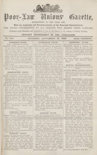 cover page of Poor Law Unions' Gazette published on September 18, 1880