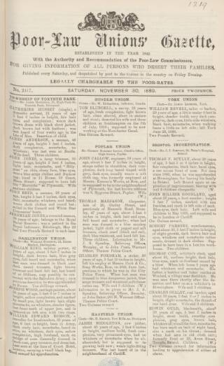 cover page of Poor Law Unions' Gazette published on November 30, 1889