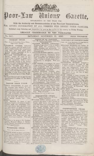 cover page of Poor Law Unions' Gazette published on November 15, 1890