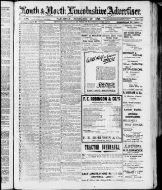 cover page of Louth and North Lincolnshire Advertiser published on February 28, 1920