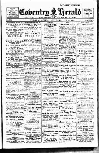 cover page of Coventry Herald published on September 18, 1920