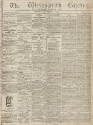 cover page of Westmorland Gazette published on December 30, 1837