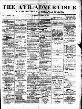 cover page of Ayr Advertiser published on November 30, 1882