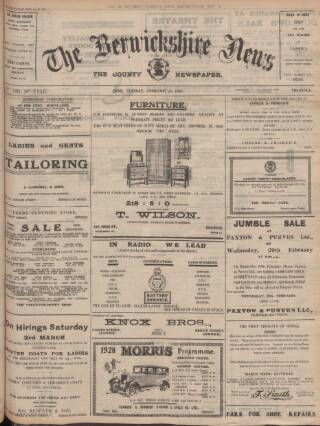 cover page of Berwickshire News and General Advertiser published on February 28, 1928