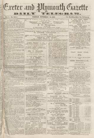 cover page of Exeter and Plymouth Gazette Daily Telegrams published on November 30, 1869