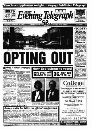 cover page of Derby Daily Telegraph published on February 28, 1990
