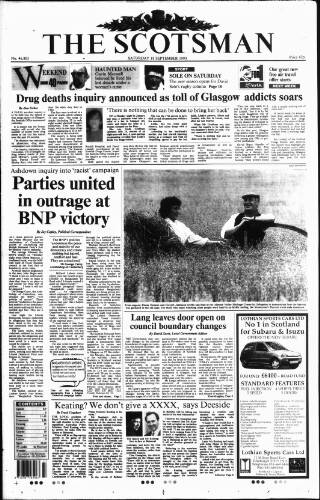 cover page of The Scotsman published on September 18, 1993