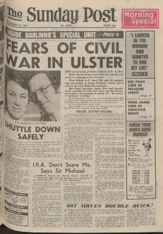 cover page of Sunday Post published on November 15, 1981