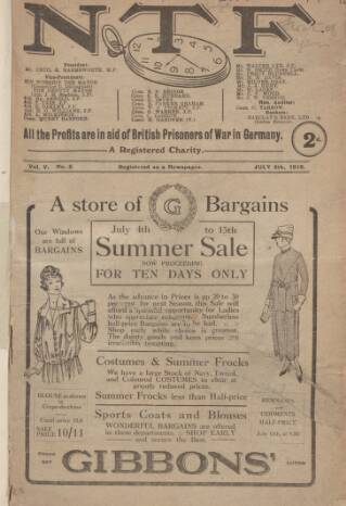 cover page of N.T.F. In Aid Of British Prisoners published on July 6, 1918