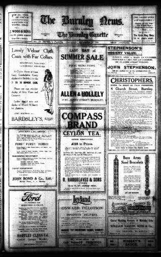 cover page of Burnley News published on September 18, 1920